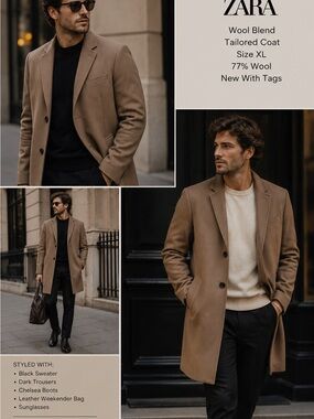NWT Zara Wool Blend Brown Camel Tailored Coat XL | Classic Long Winter Jacket